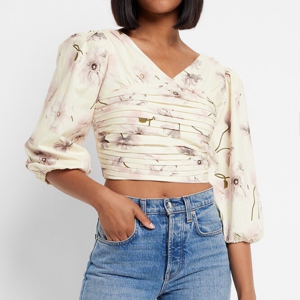 Express Poppies Print Linen Blend Ruched Top NWT M